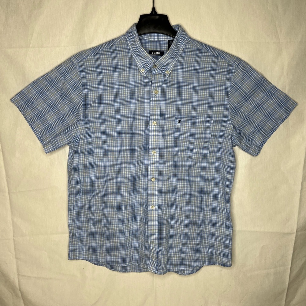 IZOD Mens Blue Yellow Plaid Short Sleeve‎ Button Down Shirt Large